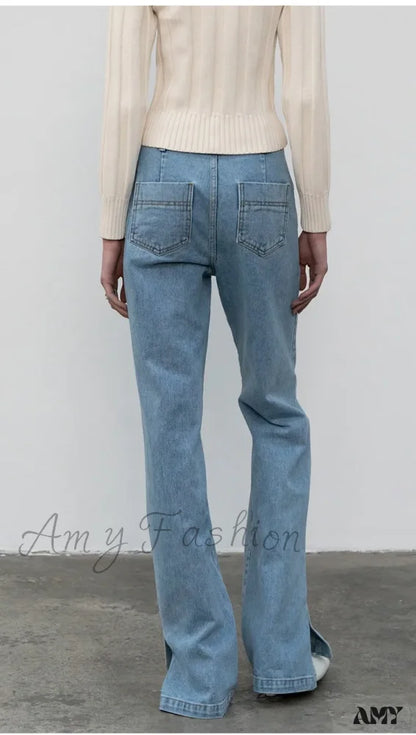 Amy Fashion - High Quality Women Spring And Autumn All-Match Side Slit Straight Waist Bootcut Jean