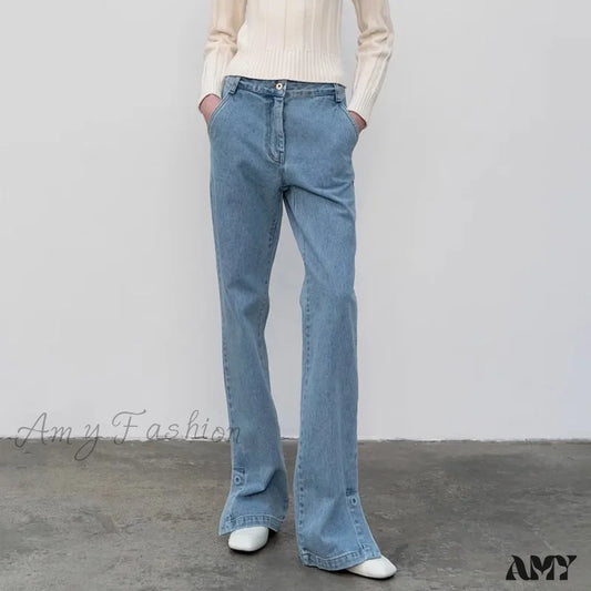 Amy Fashion - High Quality Women Spring And Autumn All-Match Side Slit Straight Waist Bootcut Jean