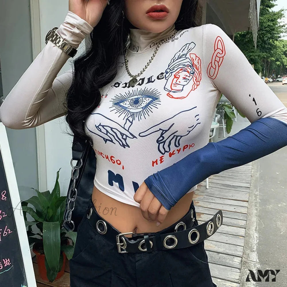 Amy Fashion - High Street Casual Funny Print Stretch Slim Autumn Crop Top Beige / S