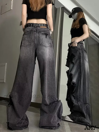 Amy Fashion - High Street Heavy Industry Wide Leg Niche Design Trendy Brand Women’s Jean