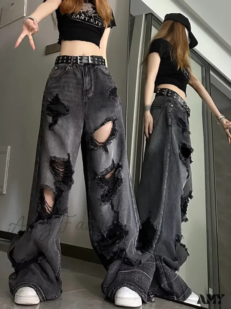 Amy Fashion - High Street Heavy Industry Wide Leg Niche Design Trendy Brand Women’s Jean