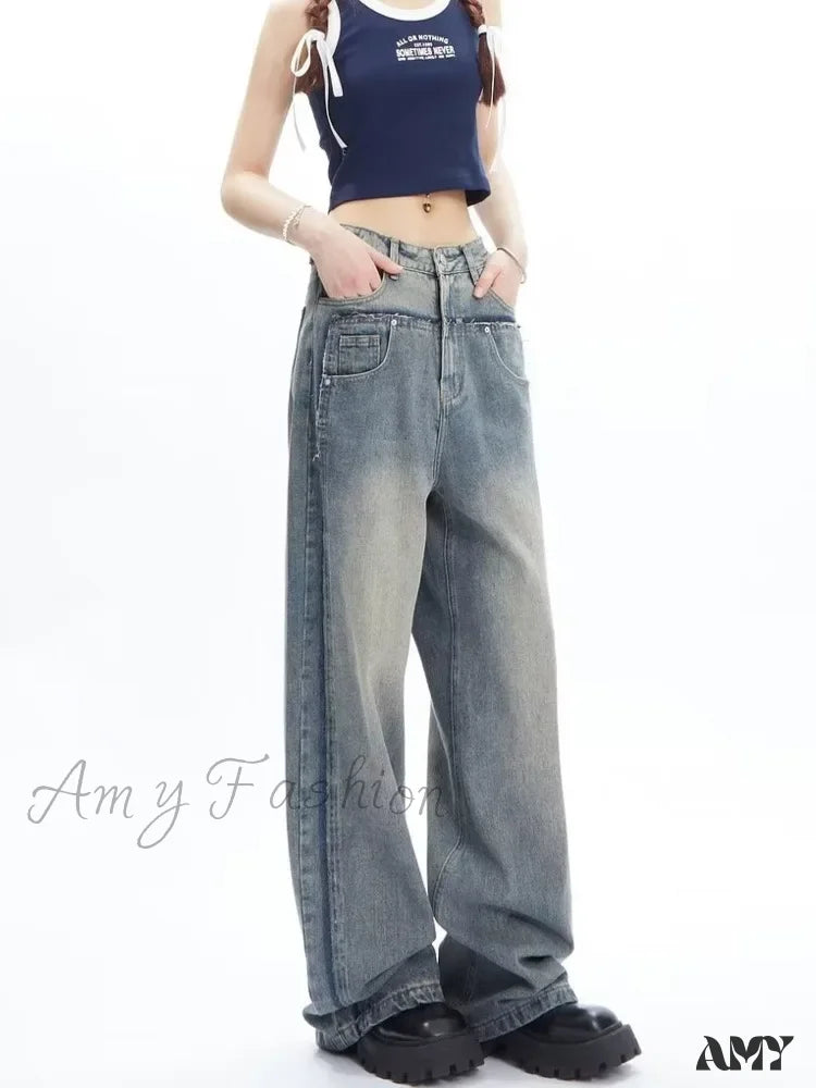 Amy Fashion - High Street Niche Design Wide Leg Washed For Men And Women Straight Tube Loose