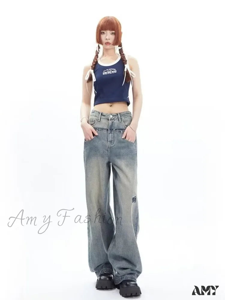 Amy Fashion - High Street Niche Design Wide Leg Washed For Men And Women Straight Tube Loose