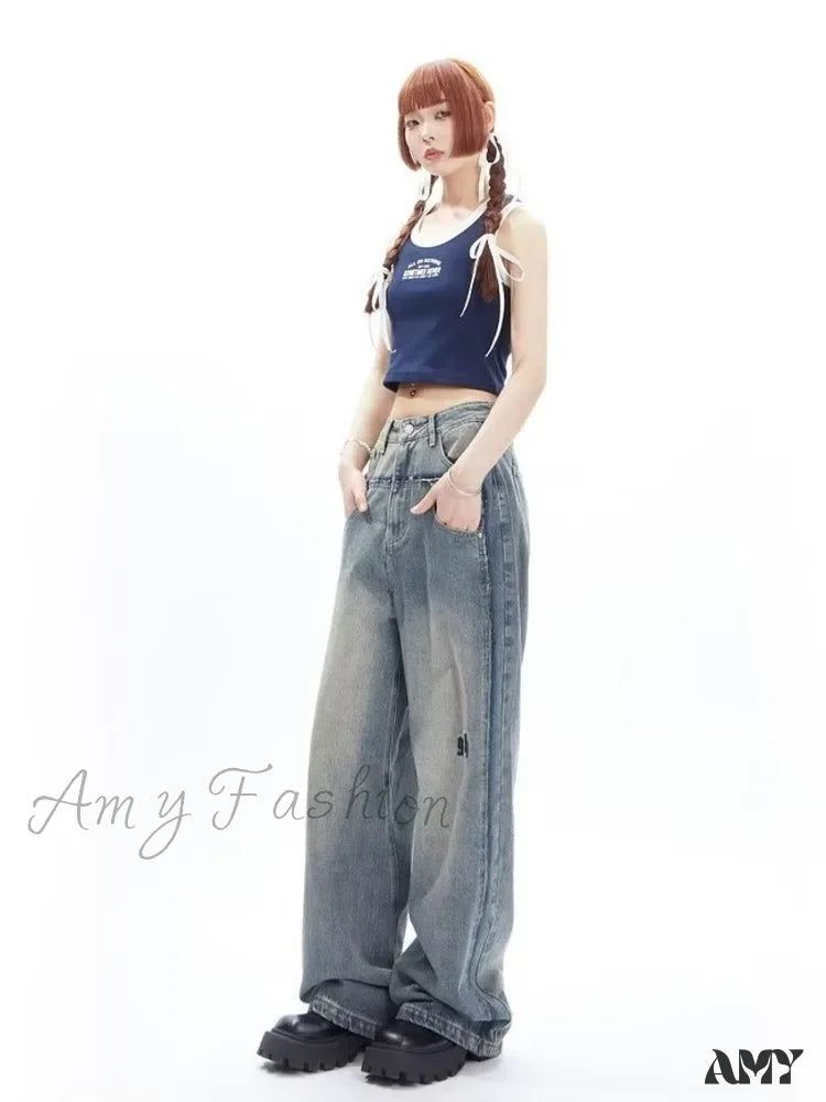 Amy Fashion - High Street Niche Design Wide Leg Washed For Men And Women Straight Tube Loose