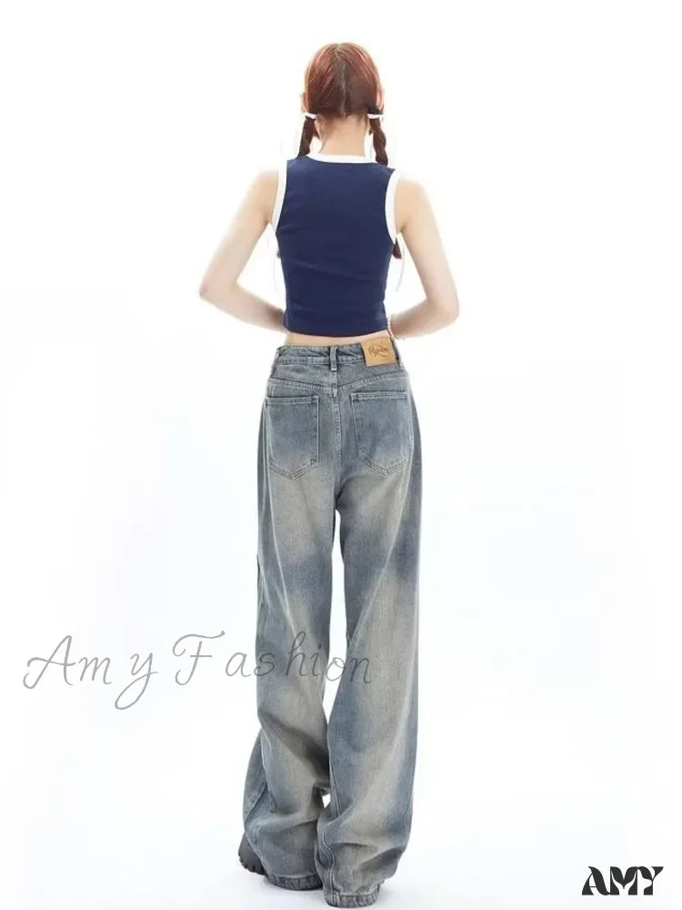 Amy Fashion - High Street Niche Design Wide Leg Washed For Men And Women Straight Tube Loose