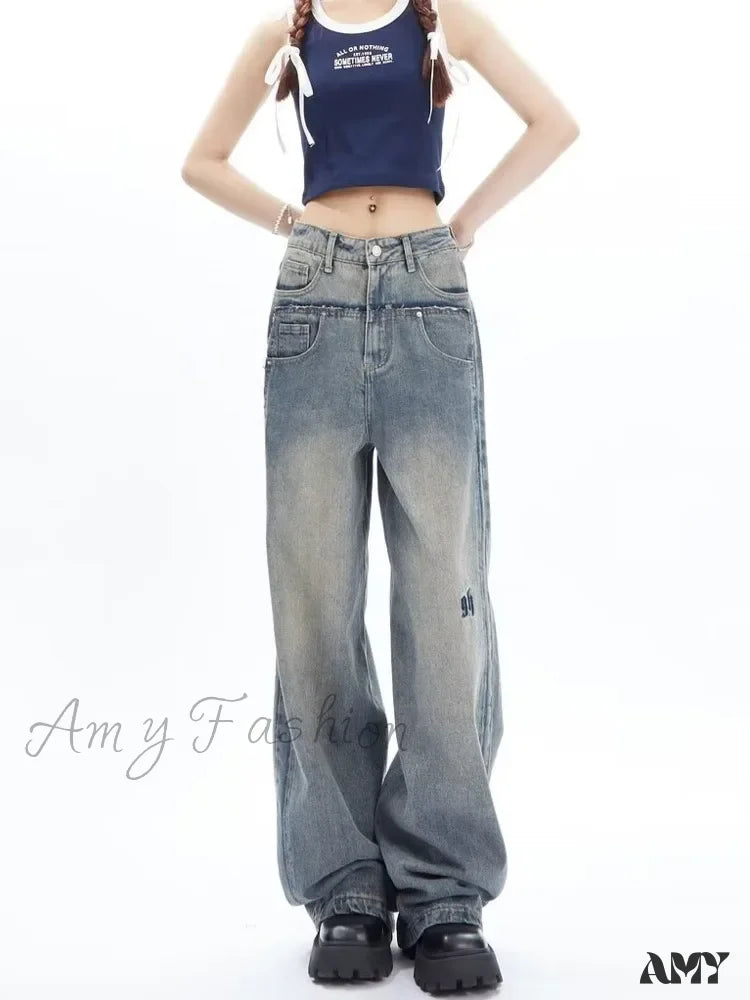 Amy Fashion - High Street Niche Design Wide Leg Washed For Men And Women Straight Tube Loose