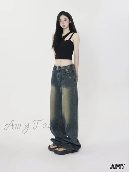 Amy Fashion - High Street Trendy Brand Summer Retro Straight Tube Floor Sweeping Denim Jean