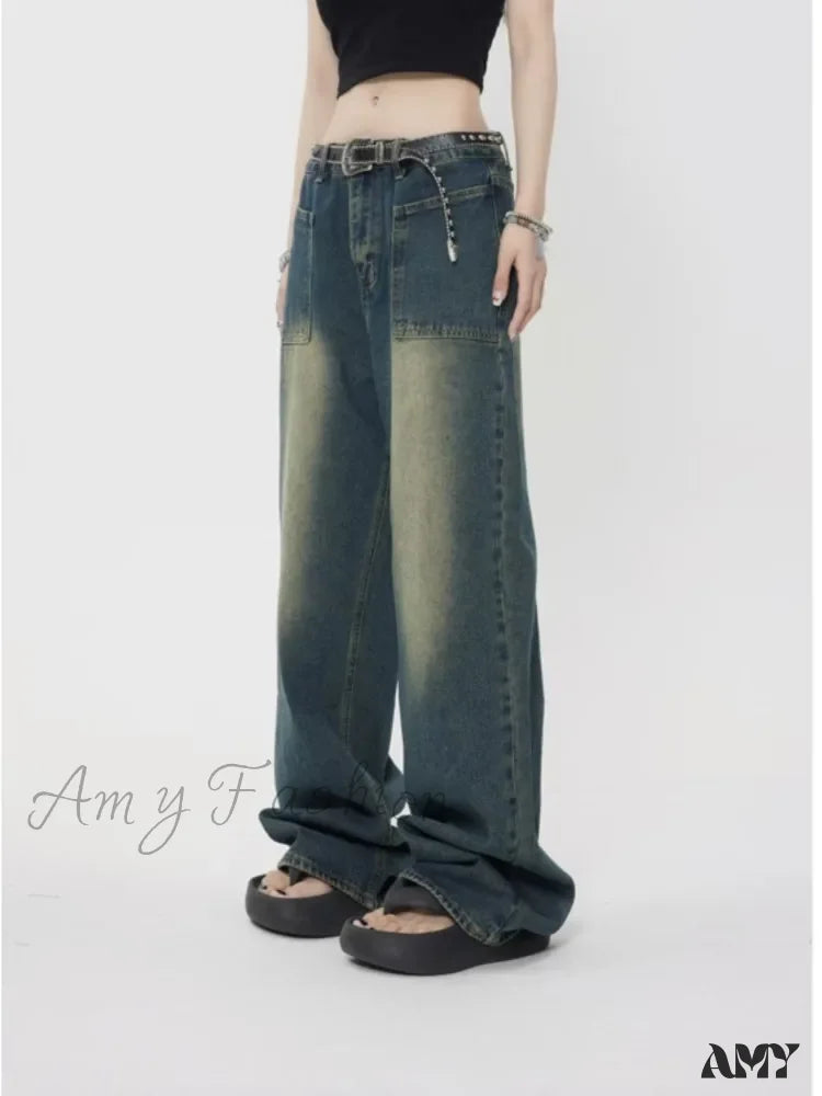 Amy Fashion - High Street Trendy Brand Summer Retro Straight Tube Floor Sweeping Denim Jean