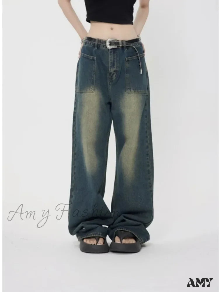 Amy Fashion - High Street Trendy Brand Summer Retro Straight Tube Floor Sweeping Denim Jean Blue / S