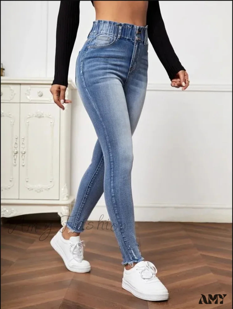 Amy Fashion - High Stretch Ripped Casual Elastic Waist Skinny Slim Autumn Jean