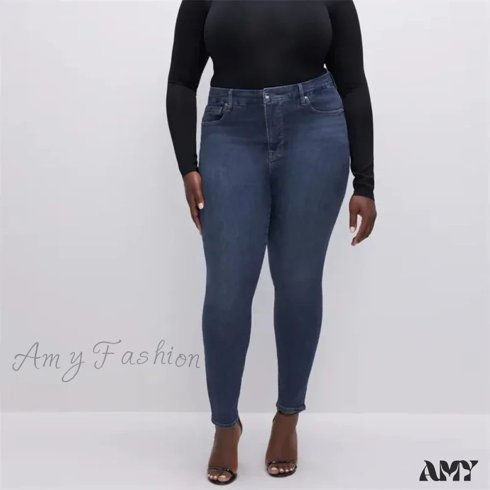 Amy Fashion - High Stretchy Skinny Full Length Plus Size Curvy Fitting Fashionable Pencil Jean Dark