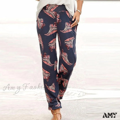 Amy Fashion - High Waist 3D Printing Trousers Long Pants Green / S