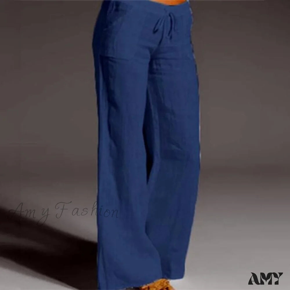 Amy Fashion - High Waist Casual Loose Wide Leg Pants Dark Blue / S