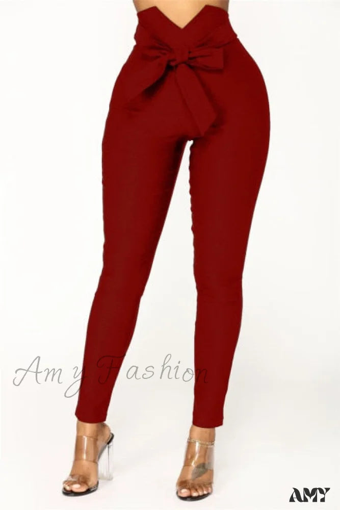 Amy Fashion - High Waist Casual Pants Burgundy / M