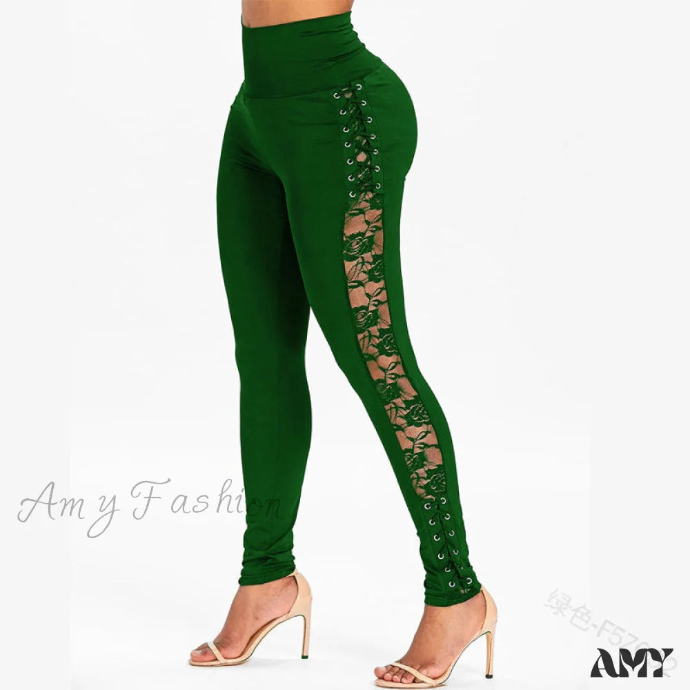 Amy Fashion - High Waist Crossed Lace-Up Pants Green / S