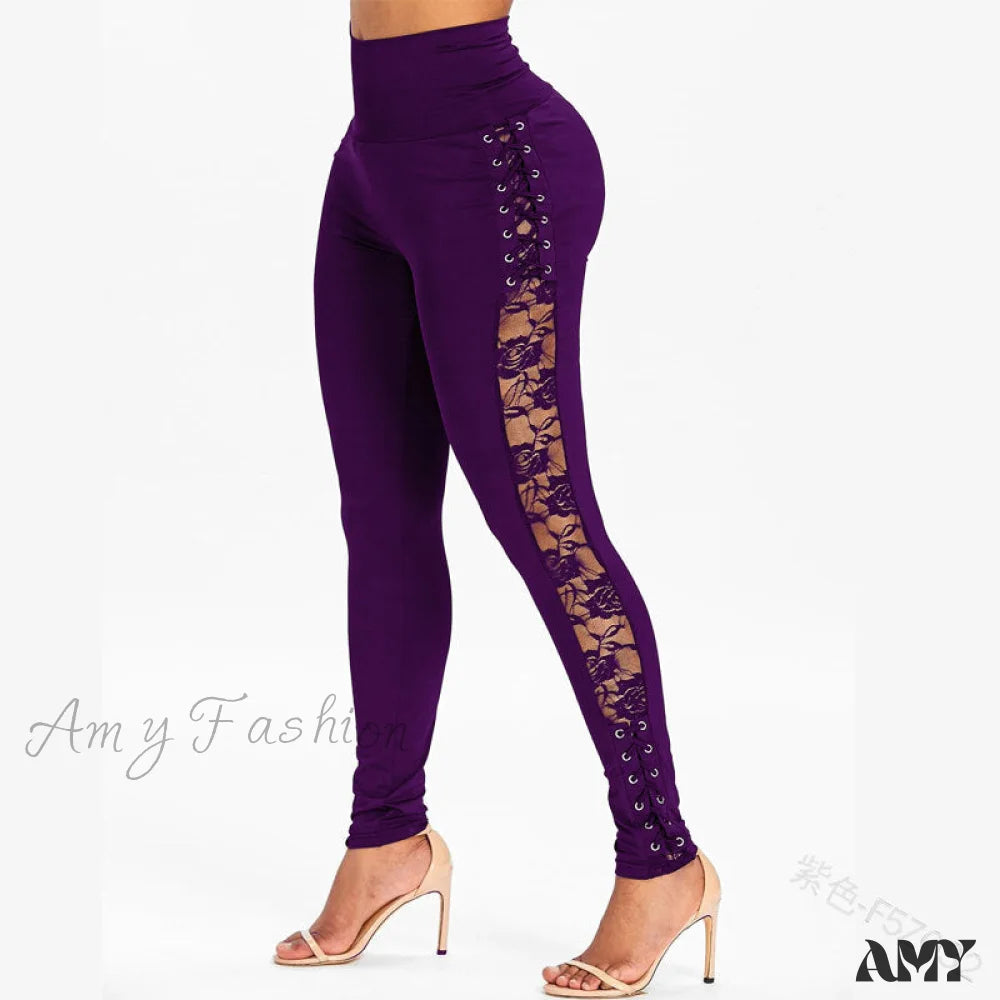 Amy Fashion - High Waist Crossed Lace-Up Pants Purple / S