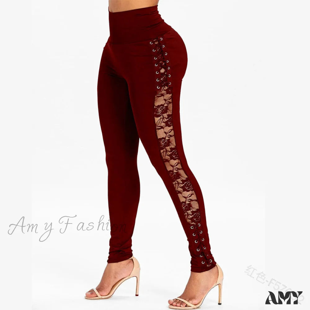 Amy Fashion - High Waist Crossed Lace-Up Pants Red / S