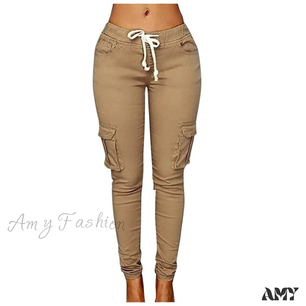 Amy Fashion - High Waist Elastic Joggers Lace-Up Trousers Beige / S