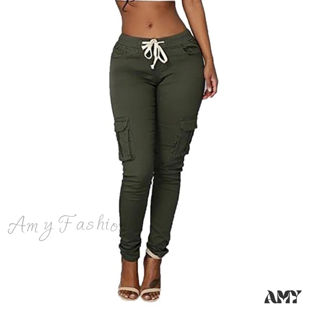 Amy Fashion - High Waist Elastic Joggers Lace-Up Trousers Green / 4Xl