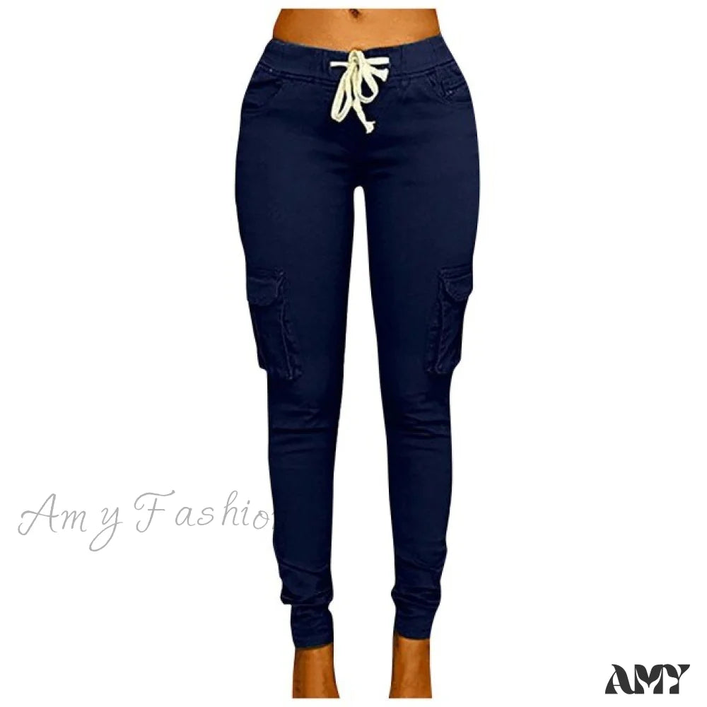 Amy Fashion - High Waist Elastic Joggers Lace-Up Trousers Navy / S