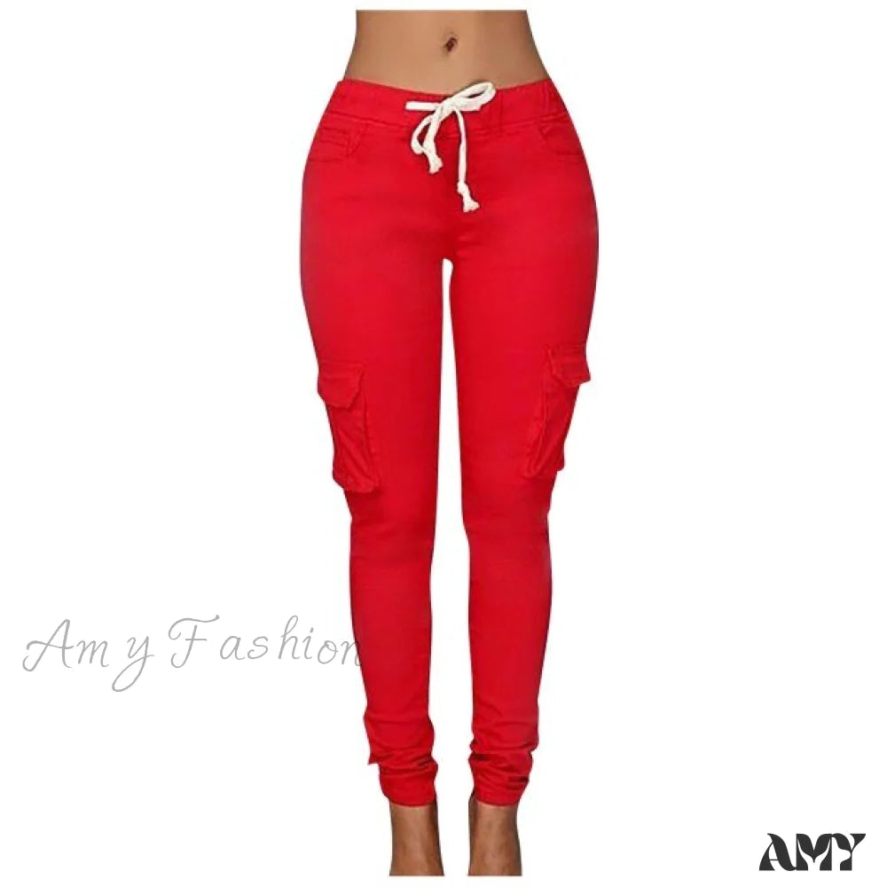 Amy Fashion - High Waist Elastic Joggers Lace-Up Trousers Red / 4Xl