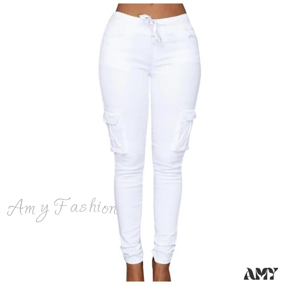 Amy Fashion - High Waist Elastic Joggers Lace-Up Trousers White / Xxxl