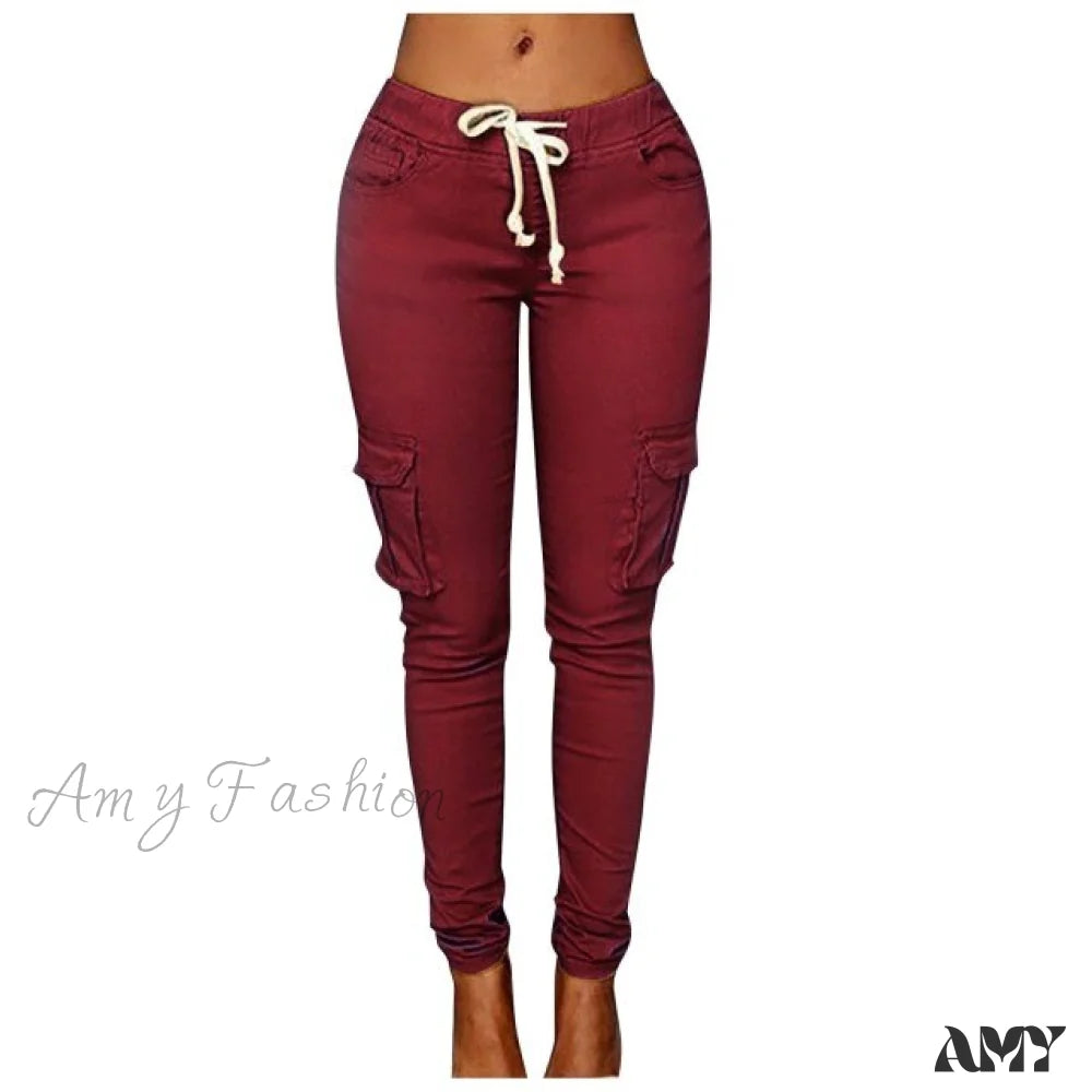 Amy Fashion - High Waist Elastic Joggers Lace-Up Trousers Wine / Xxxl