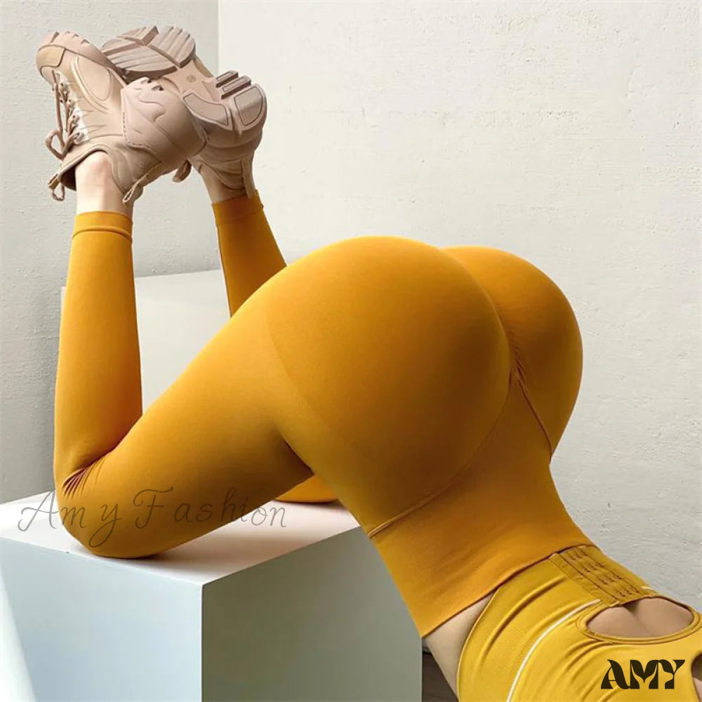 Amy Fashion - High Waist Elastic Push Up Leggins Yellow / S