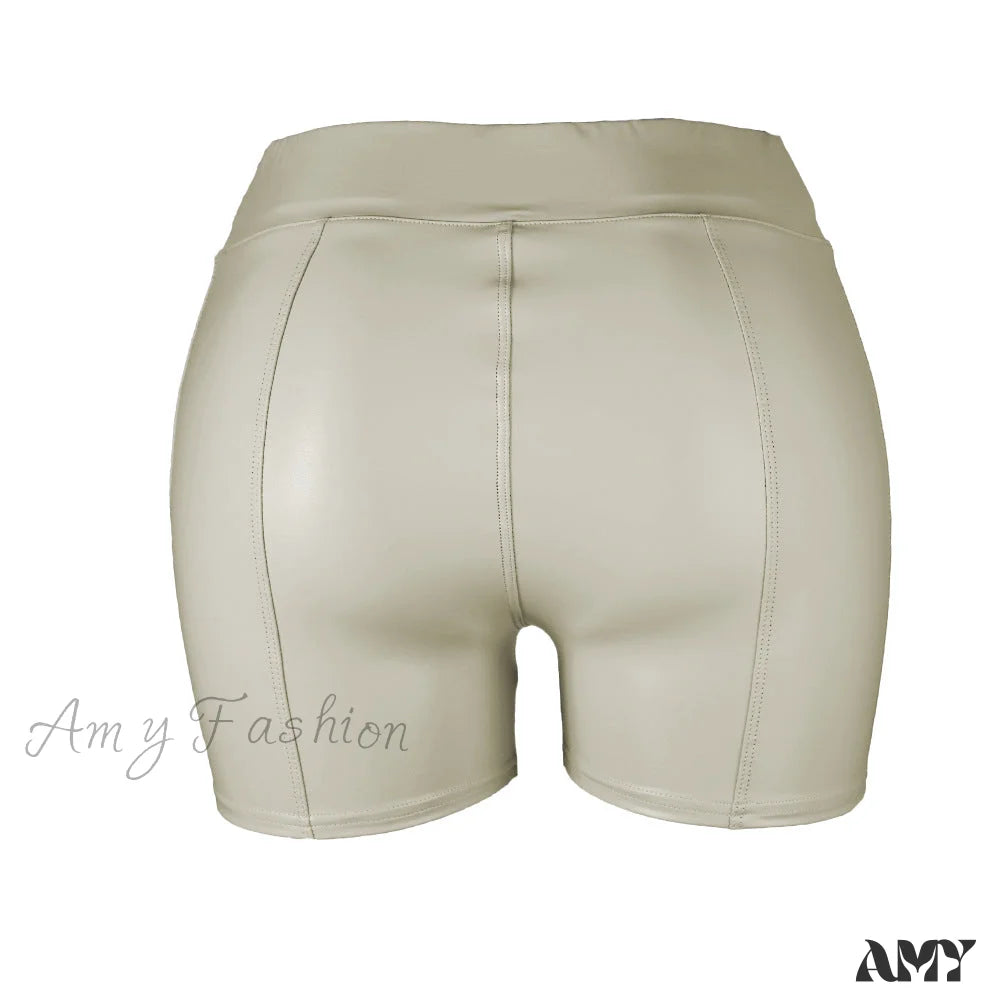 Amy Fashion - High Waist Faux Leather Shorts Beige / S