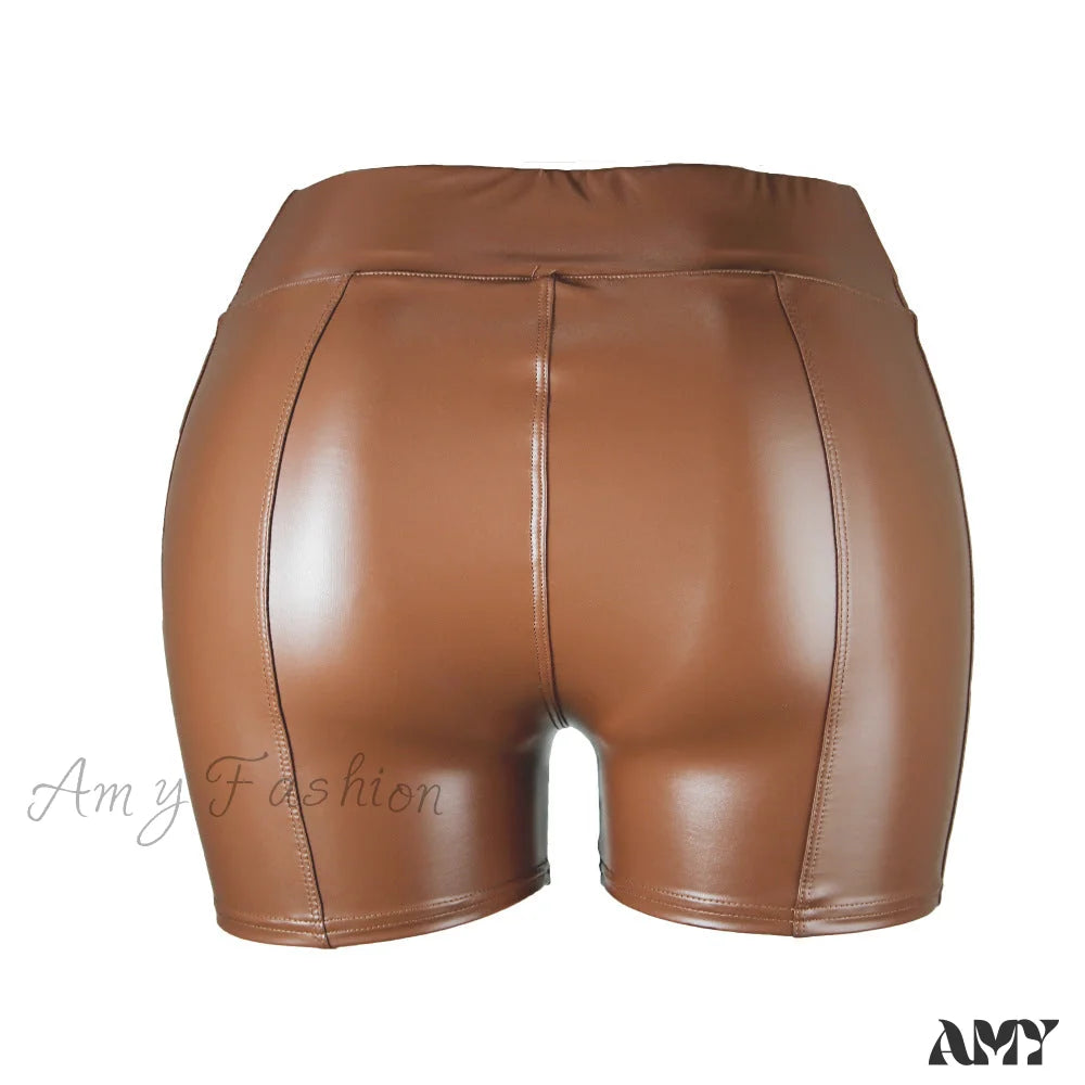 Amy Fashion - High Waist Faux Leather Shorts Brown / S