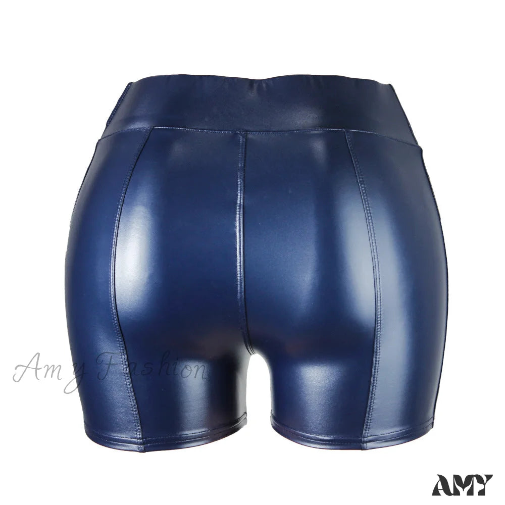 Amy Fashion - High Waist Faux Leather Shorts Dark Blue / S