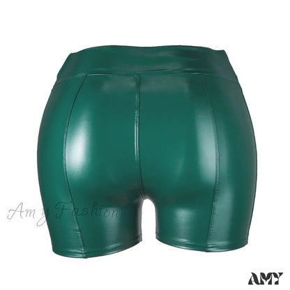 Amy Fashion - High Waist Faux Leather Shorts Green / S