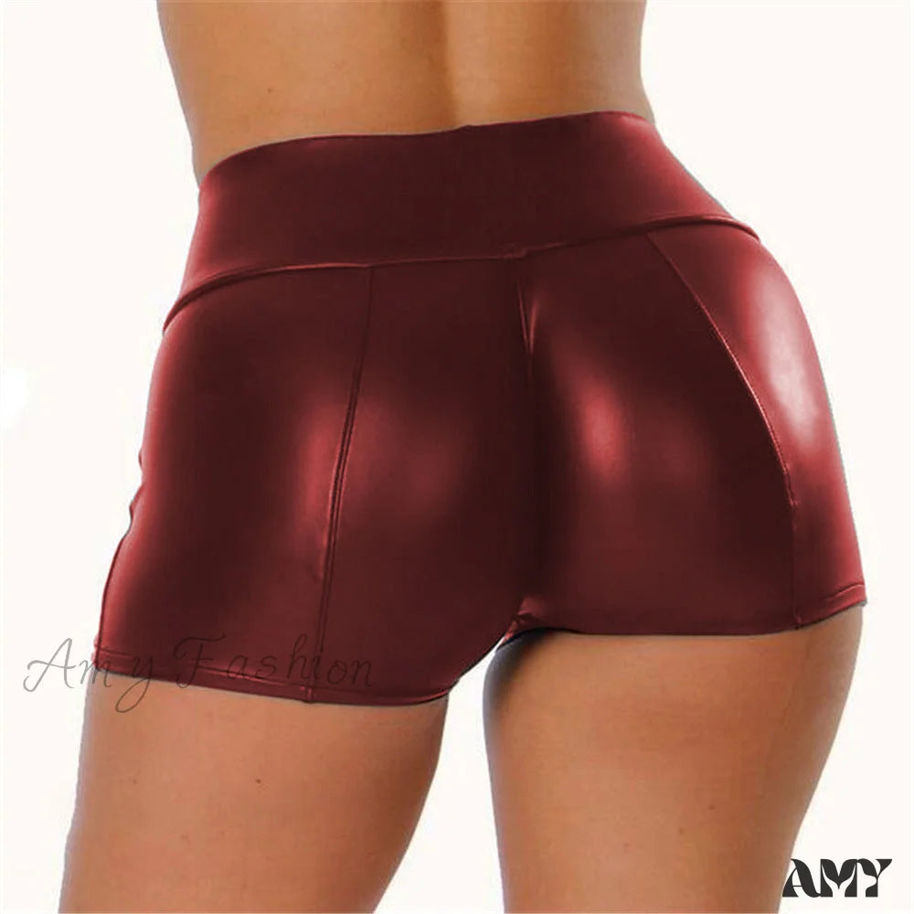 Amy Fashion - High Waist Faux Leather Shorts Wine Red / S