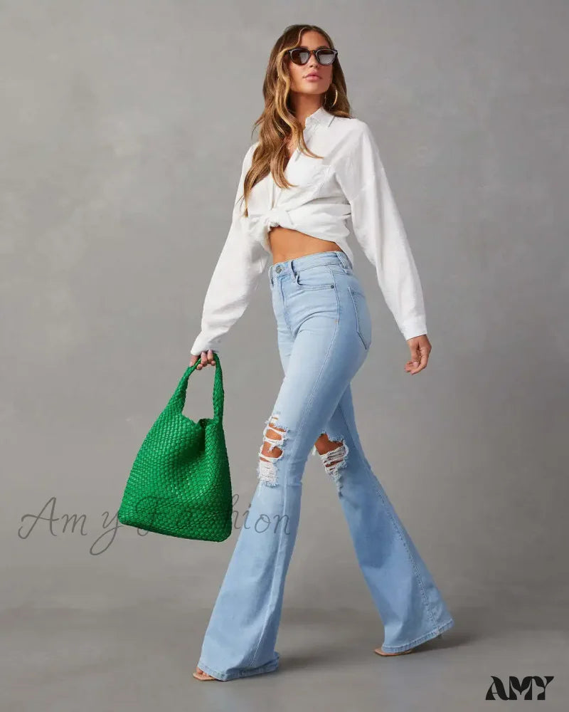 Amy Fashion - High Waist Flare For Women Ripped Distressed Denim Woman Bottom Streetwear Ladies Jean