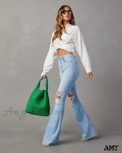 Amy Fashion - High Waist Flare For Women Ripped Distressed Denim Woman Bottom Streetwear Ladies Jean