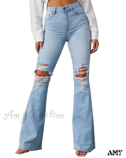 Amy Fashion - High Waist Flare For Women Ripped Distressed Denim Woman Bottom Streetwear Ladies Jean