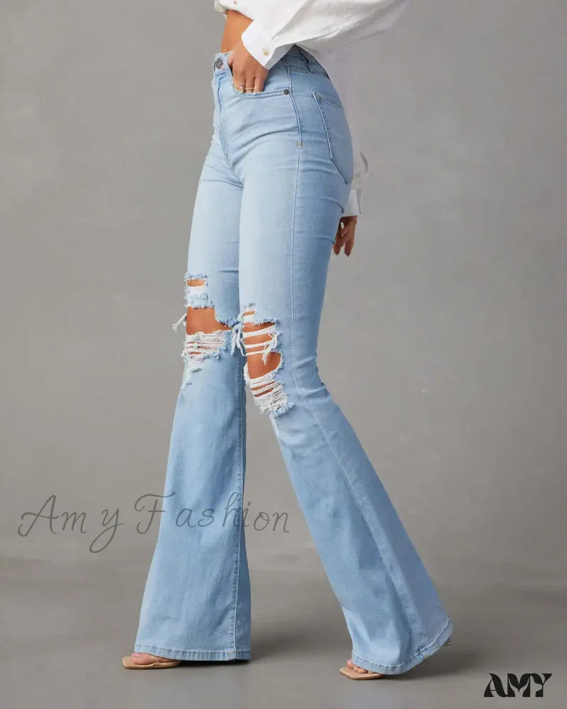 Amy Fashion - High Waist Flare For Women Ripped Distressed Denim Woman Bottom Streetwear Ladies Jean