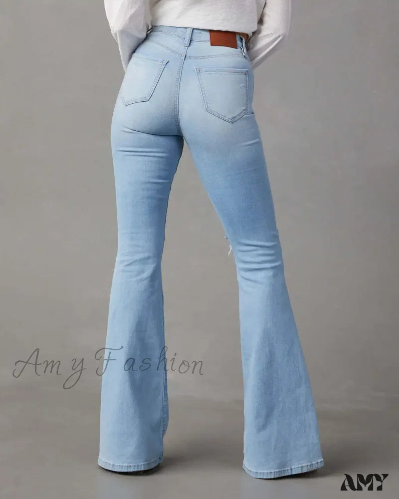 Amy Fashion - High Waist Flare For Women Ripped Distressed Denim Woman Bottom Streetwear Ladies Jean