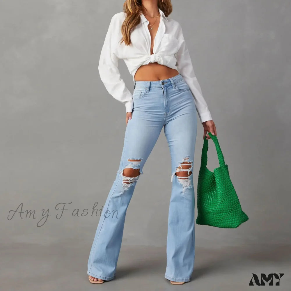 Amy Fashion - High Waist Flare For Women Ripped Distressed Denim Woman Bottom Streetwear Ladies