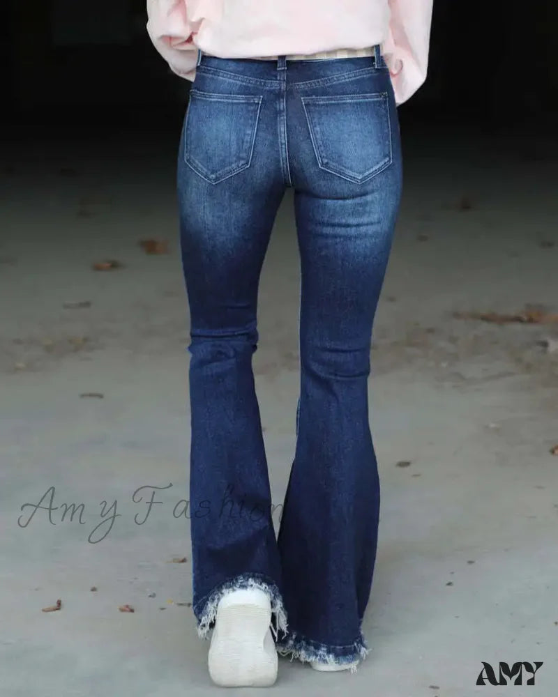 Amy Fashion - High Waist Flare Women’s Pocket Casual Boot-Cut Trouser Straight Slim-Fit Flared Jean