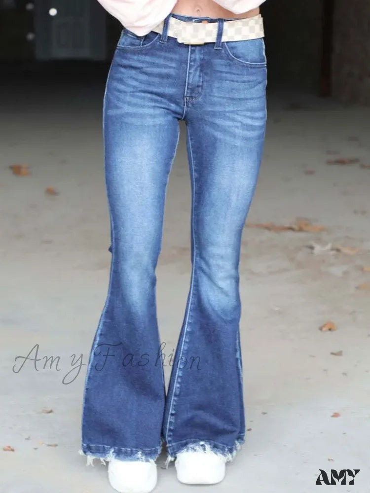 Amy Fashion - High Waist Flare Women’s Pocket Casual Boot-Cut Trouser Straight Slim-Fit Flared Jean