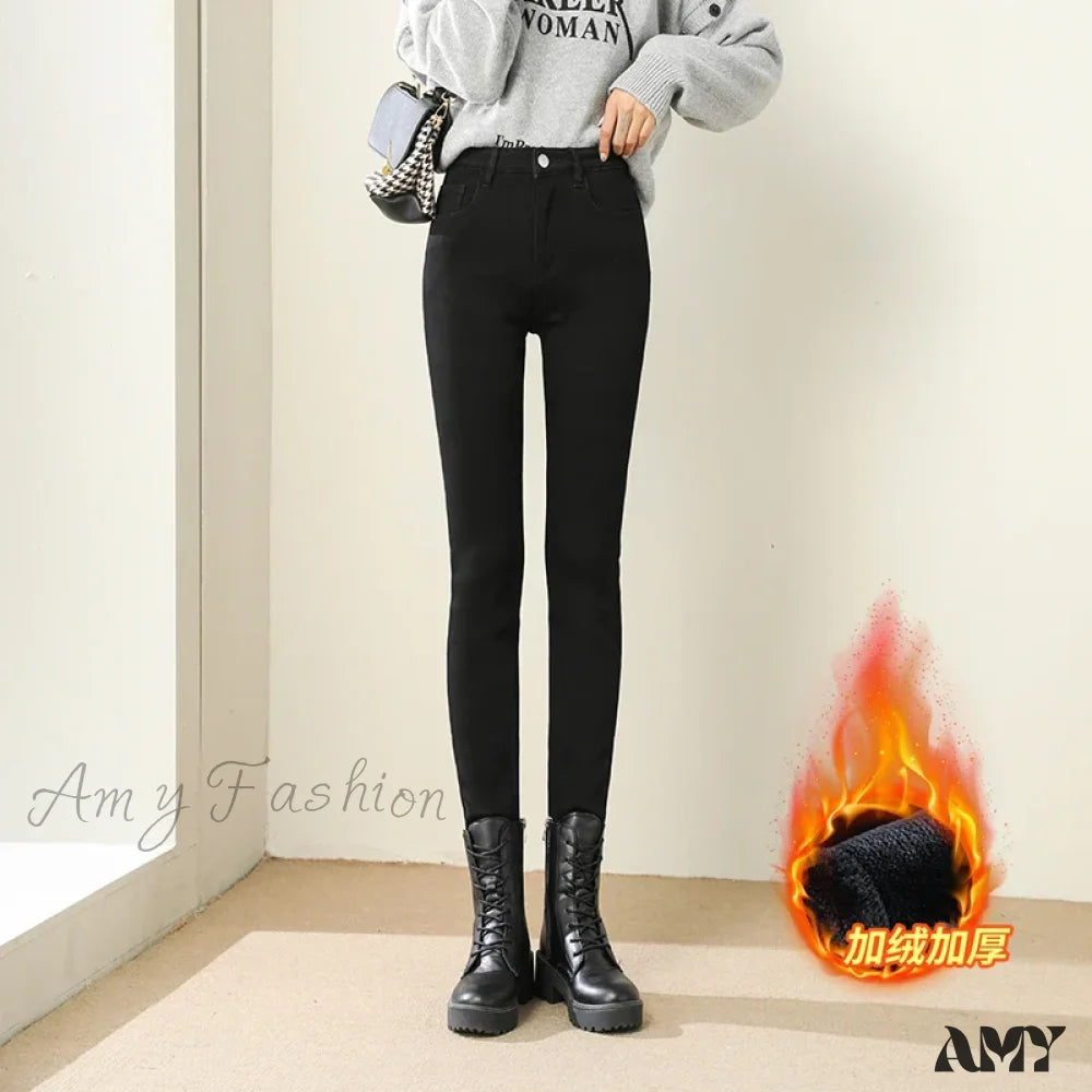 Amy Fashion - High Waist Fleece Lined Warm Slim Korean Casual Sexy Leggings Jean Black / 25