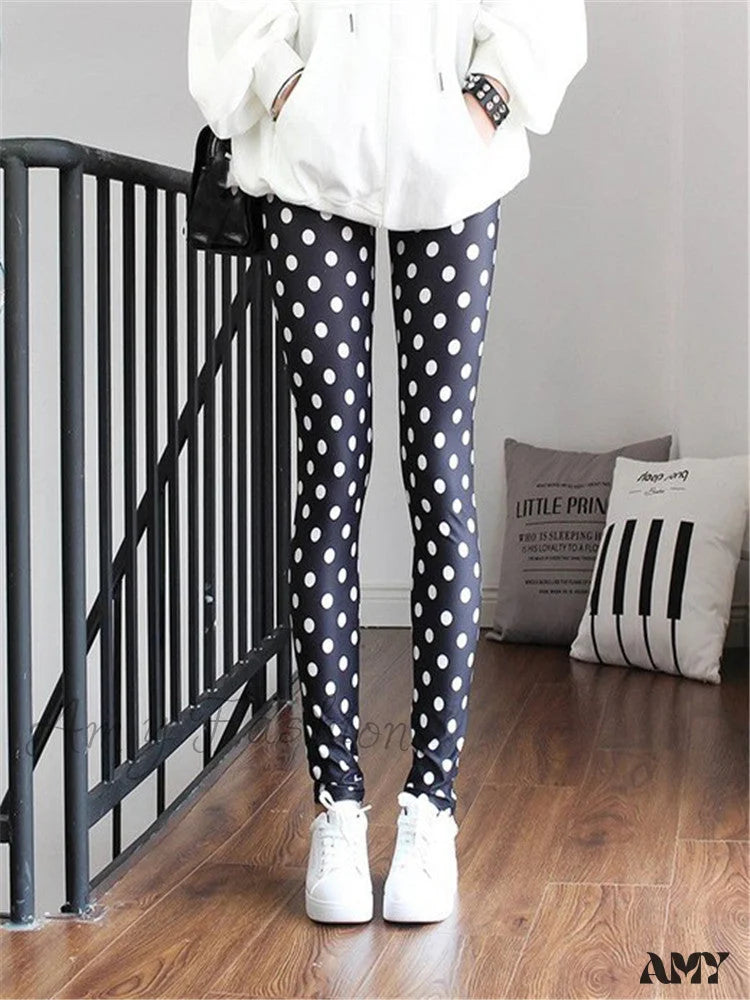 Amy Fashion - High Waist Leggings Pants Black Dot / S