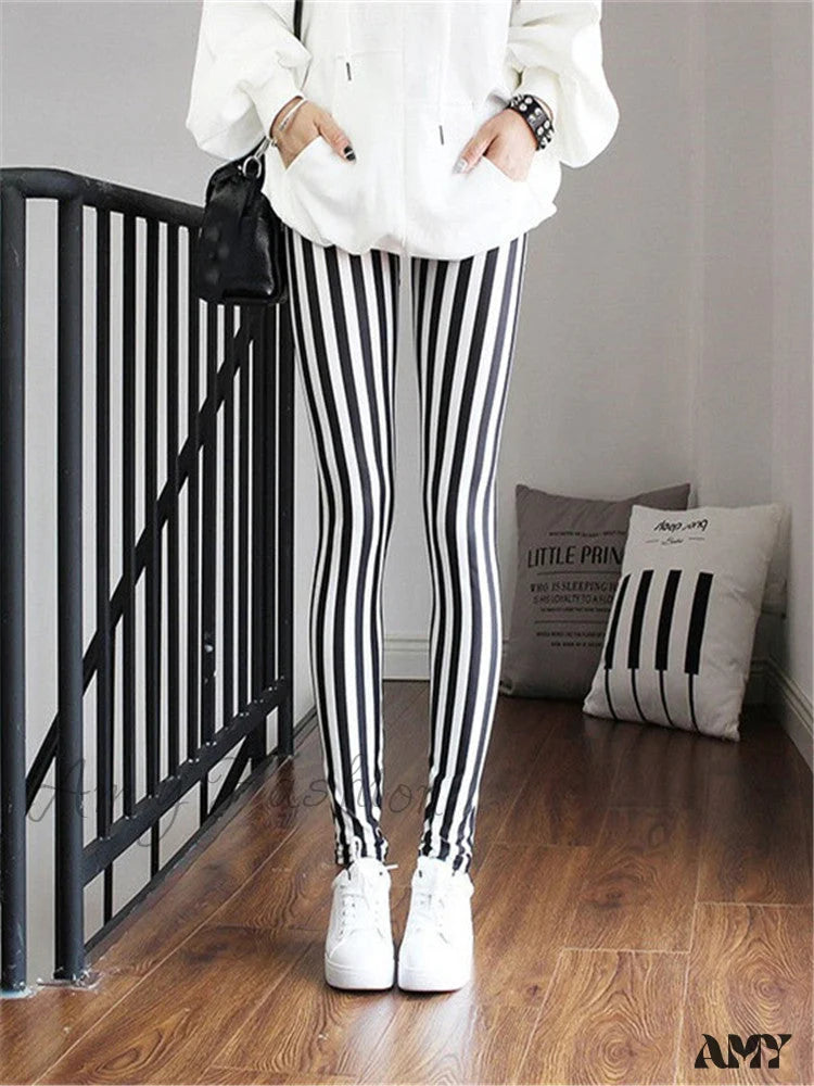 Amy Fashion - High Waist Leggings Pants Fine Stipe / S