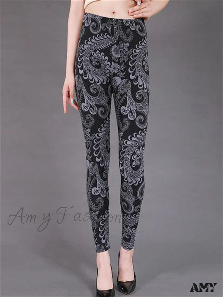 Amy Fashion - High Waist Leggings Pants Flowervine / S