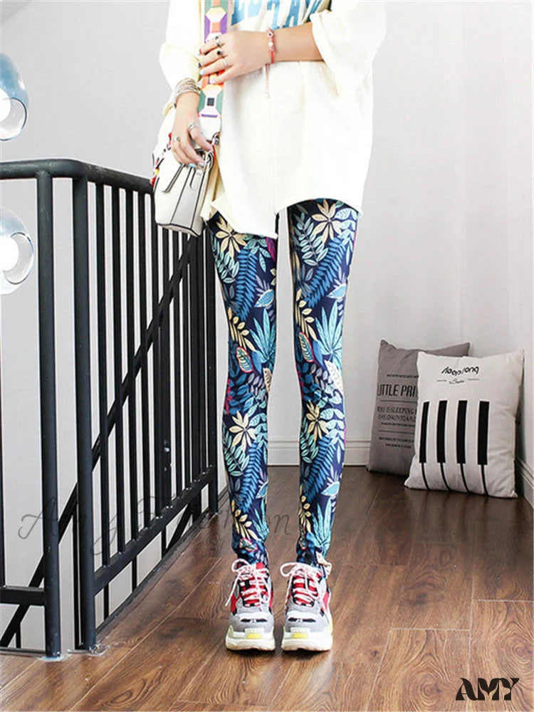 Amy Fashion - High Waist Leggings Pants Leaf Dark Blue / S