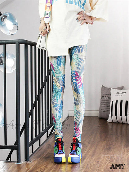 Amy Fashion - High Waist Leggings Pants Leaf Light Blue / S