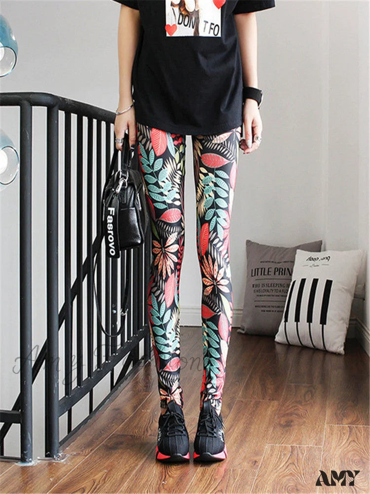 Amy Fashion - High Waist Leggings Pants Leaf Red / S