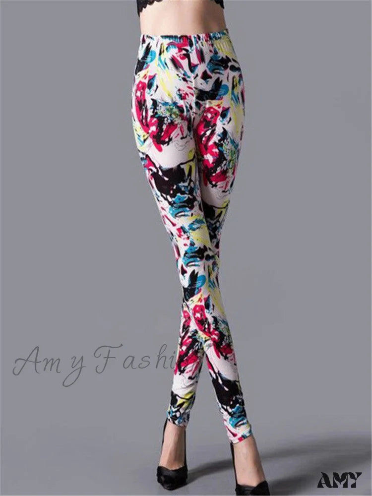 Amy Fashion - High Waist Leggings Pants Rose Graffiti / S