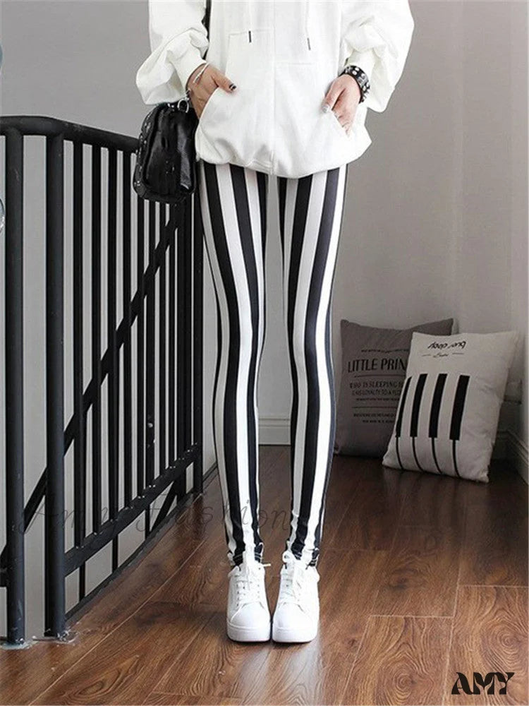 Amy Fashion - High Waist Leggings Pants Rough Stipe / S